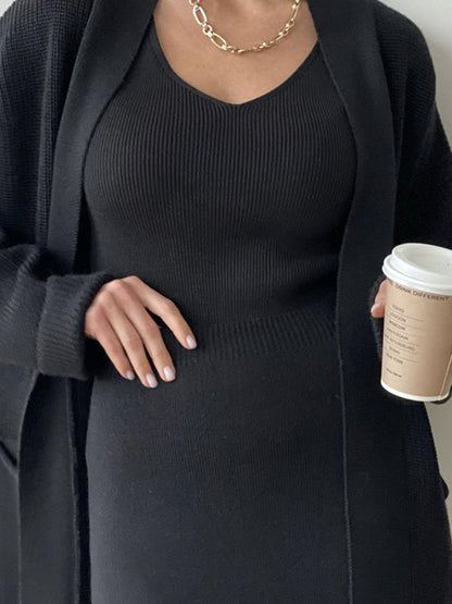 Pocketed Long Sleeve Cardigan and Skirt Sweater Set (cream/camel/lt. green/grey/black) ONE SIZE