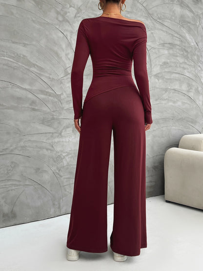 Long Sleeve Top and Wide Leg Pants Set (cream/black/burgundy/gray)-SMALL-XL