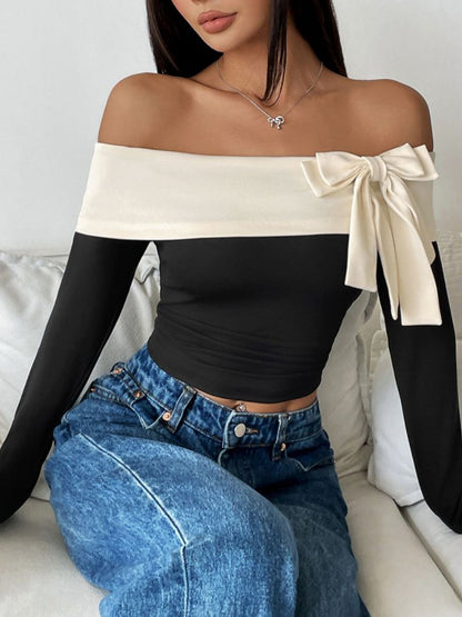 Bow Contrast Off-Shoulder Long Sleeve Top-SMALL-XL