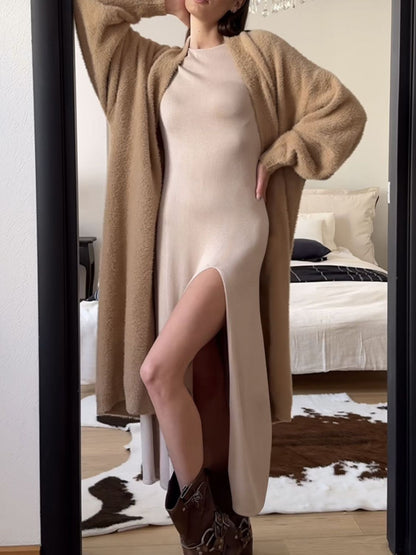 Side Slit Round Neck Long Sleeve Dress (white/black/tan)