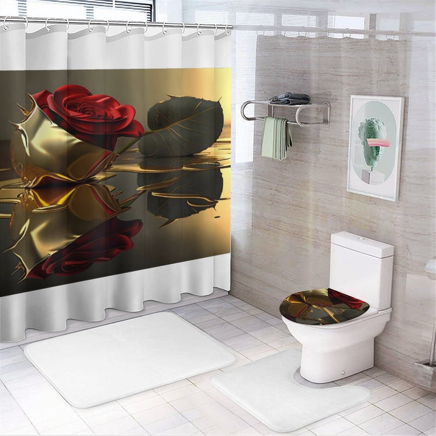 Shower Curtain Set with 3 Rugs