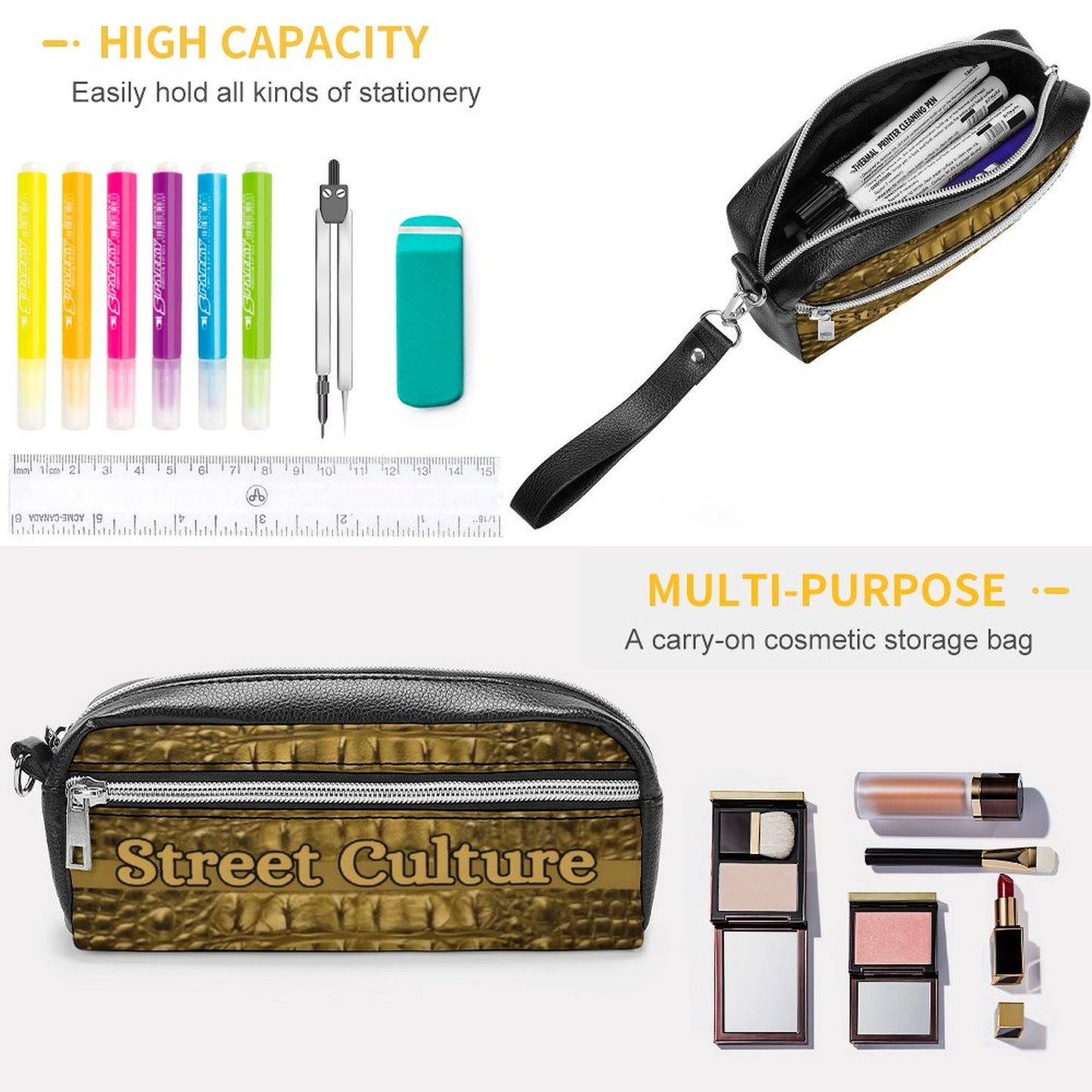 STREET CULTURE Alligator Leather Toiletries/Cosmetic Bag (can be used as a pen/pencil pouch)