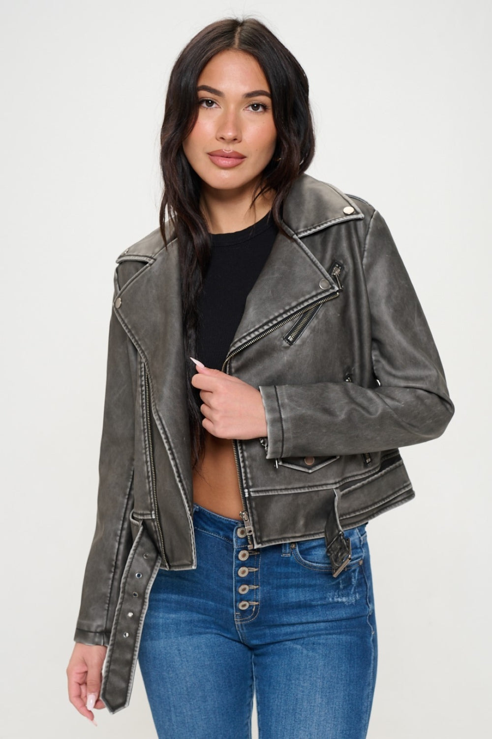 Coalition LA Zip Up Biker Vegan Leather Jacket with Belt-S-XL