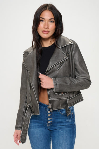 Coalition LA Zip Up Biker Vegan Leather Jacket with Belt-S-XL