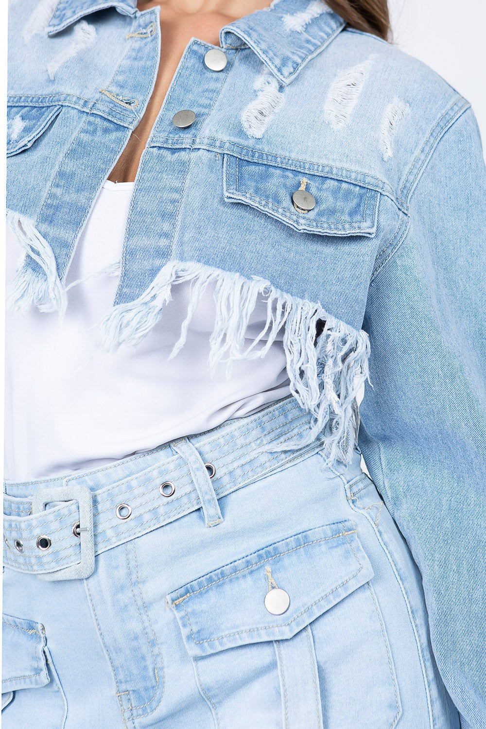 American Bazi Distressed Denim Jacket with Frayed Hem (S/M/L)