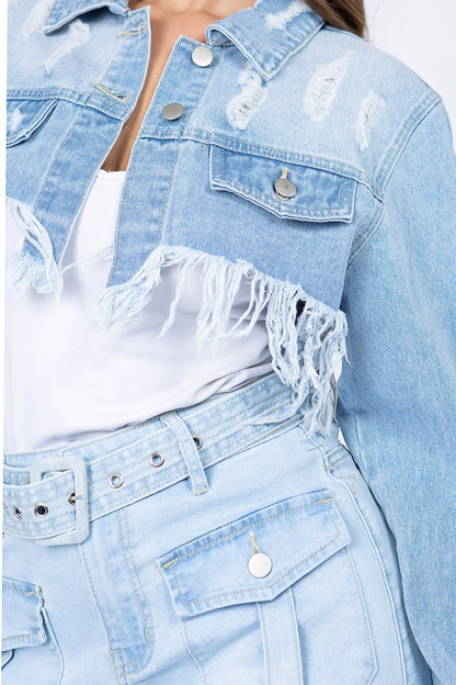 American Bazi Distressed Denim Jacket with Frayed Hem (S/M/L)