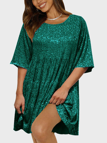 Full Size Sequin Round Neck Half Sleeve Mini Dress-SMALL-3XL (Many colors)