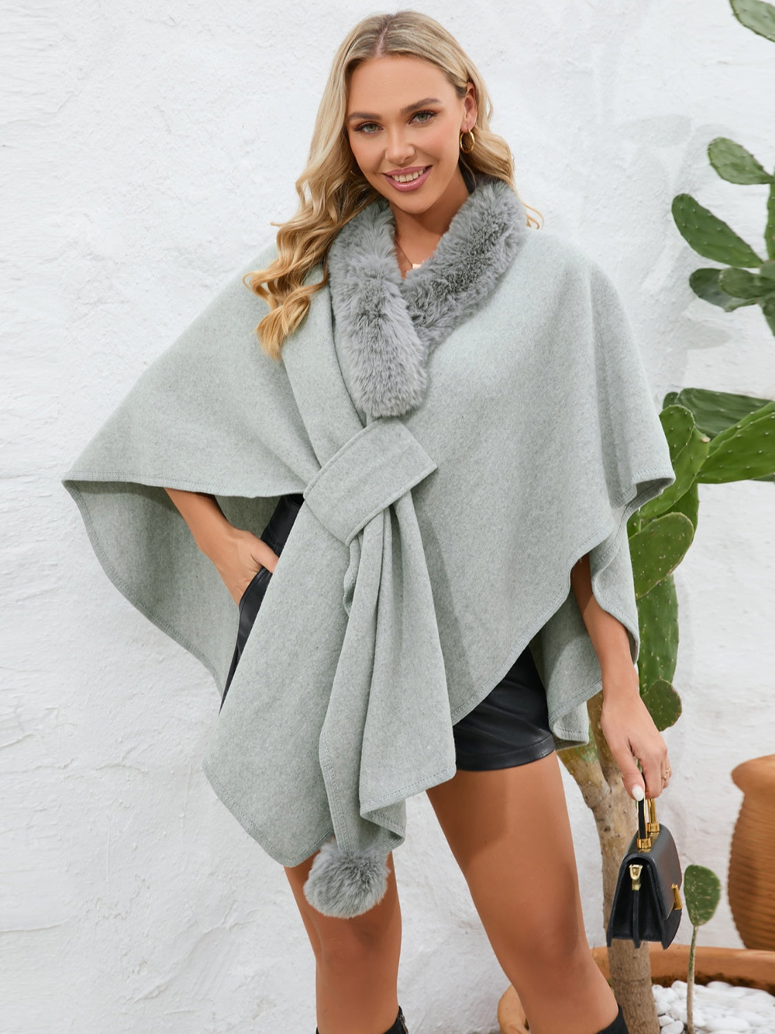 Fuzzy Trim Open Front Poncho (grey/black/green/cream/mocha/camel)