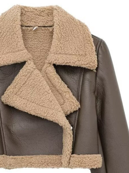 Collared Neck Long Sleeve Plush Cropped Leather Jacket (chocolate & white/black & white/mustard & white/black & reddish brown/brown & reddish brown/coffee brown/burgundy)-SMALL-LARGE