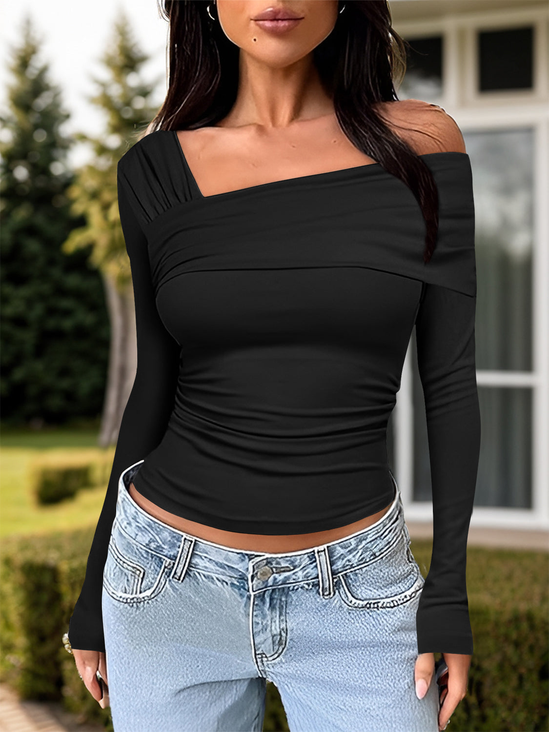 Ruched One Shoulder Long Sleeve Shirt (tan/grey/chocolate/pink/mocha/white/black)-S-XL