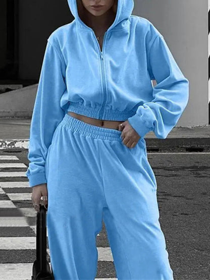 Zip Up Hoodie and Pocketed Pants Set (grey/pink/apricot/black/blue)-SMALL-XL
