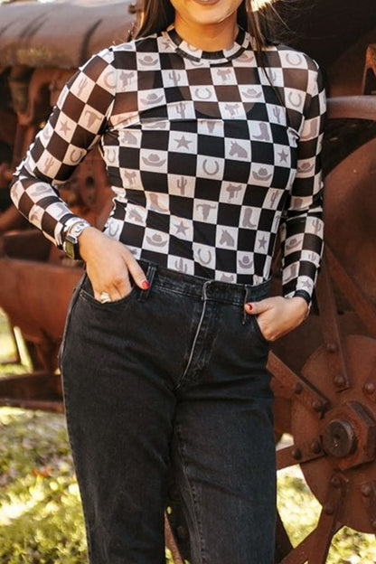 Checkered Mock Neck Long Sleeve Top-SMALL-XL