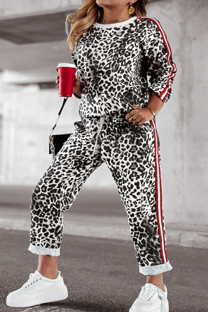 Plus Size Leopard Round Neck Top and Pants Set (camel/pastel yellow/white)-1XL-5XL