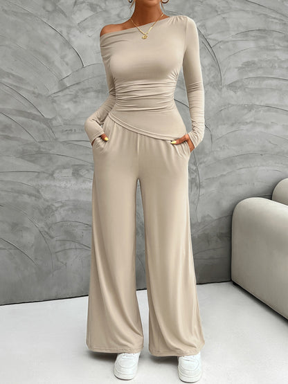 Long Sleeve Top and Wide Leg Pants Set (cream/black/burgundy/gray)-SMALL-XL