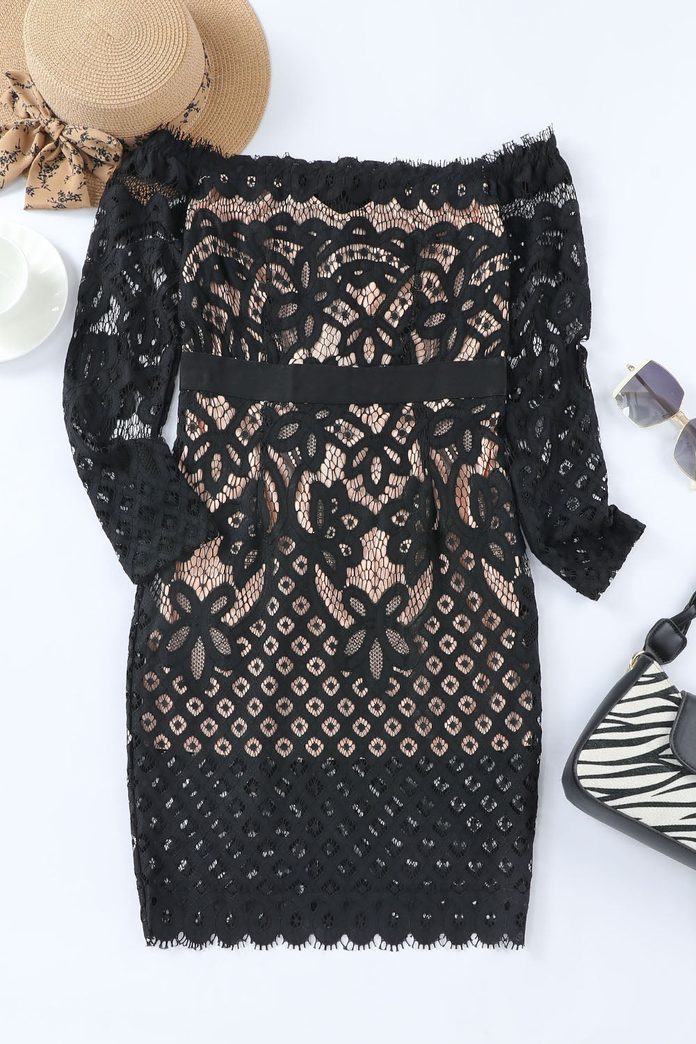 Off-Shoulder Long Sleeve Lace Dress-S-XL