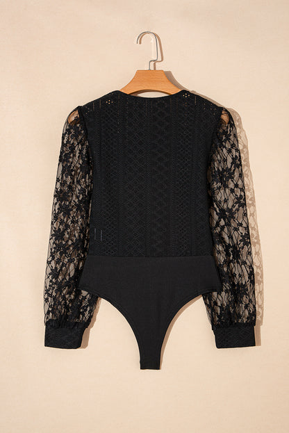 Eyelet Lace Long Sleeve Bodysuit (white/black)-SMALL-XL