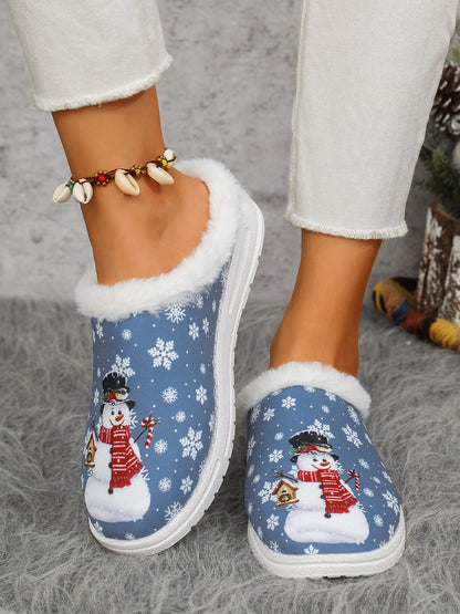 Snowman Print Flat Slippers with Faux Fur (blue/red)