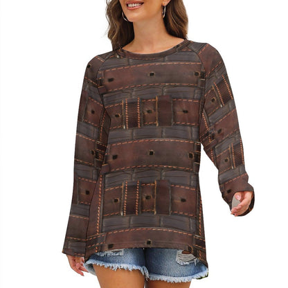 RUGGED LEATHER BUCKLE Print Women's Long Sleeve U-Neck T-Shirt-SMALL-5XL