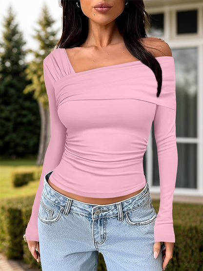 Ruched One Shoulder Long Sleeve Shirt (tan/grey/chocolate/pink/mocha/white/black)-S-XL