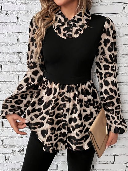 Leopard Collared Neck Balloon Sleeve Blouse-S-2XL