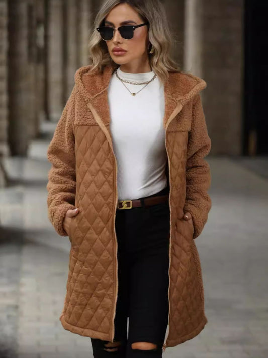 Texture Zip Up Long Sleeve Hooded Coat (caramel/off white/black/green)-SMALL-2XL)