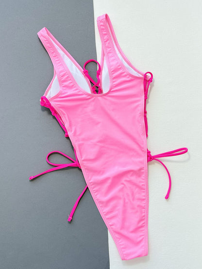 Lace-Up Deep V Sleeveless One-Piece Swimsuit-S/M/L