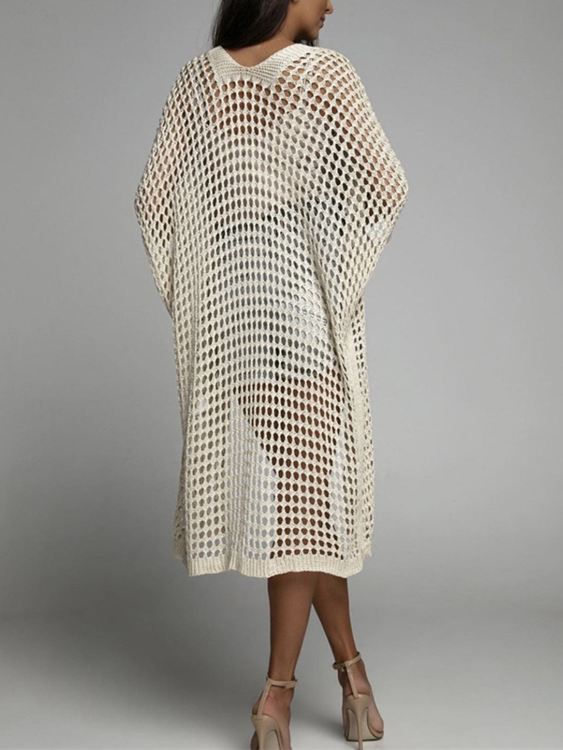 Openwork Open Front Three-Quarter Sleeve Cover Up(cream/white/apricot/black/lt. blue)-SMALL-XL
