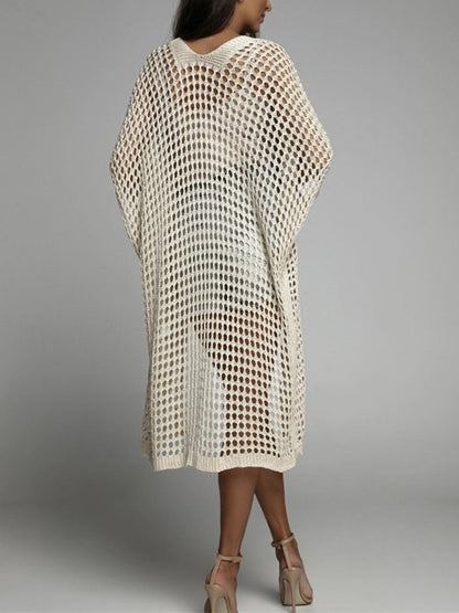 Openwork Open Front Three-Quarter Sleeve Cover Up(cream/white/apricot/black/lt. blue)-SMALL-XL