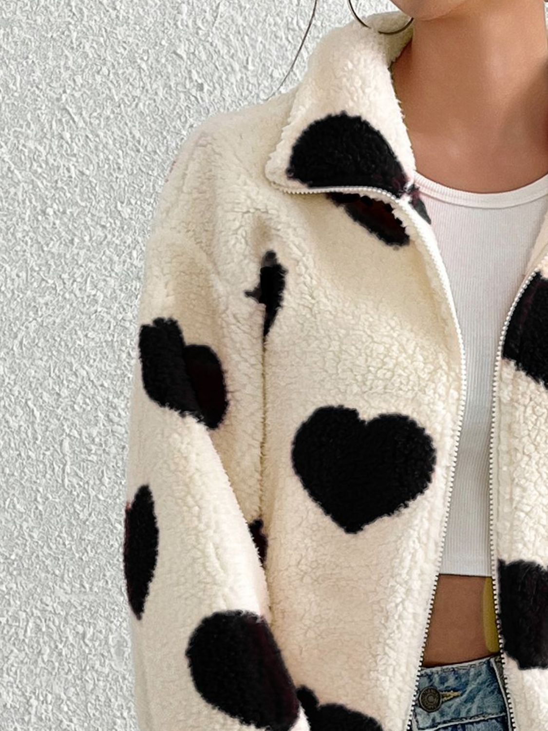 Heart Zip Up Drop Shoulder Furry Jacket (red/brown/black)-SMALL-2XL