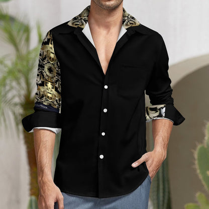 Faux Linen Men Long Sleeve Shirt with Pocket(All-Over Printing)