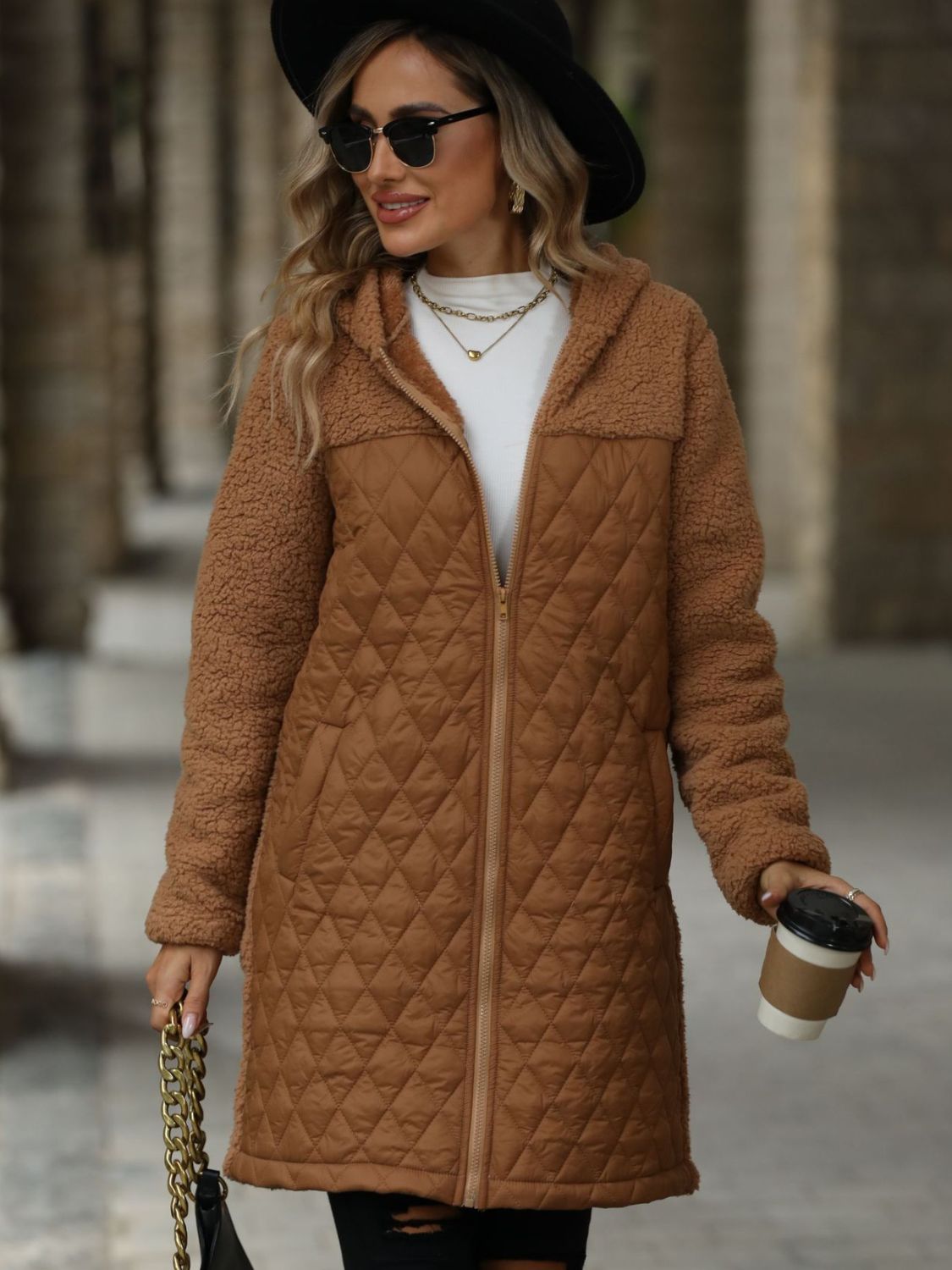 Texture Zip Up Long Sleeve Hooded Coat (caramel/off white/black/green)-SMALL-2XL)