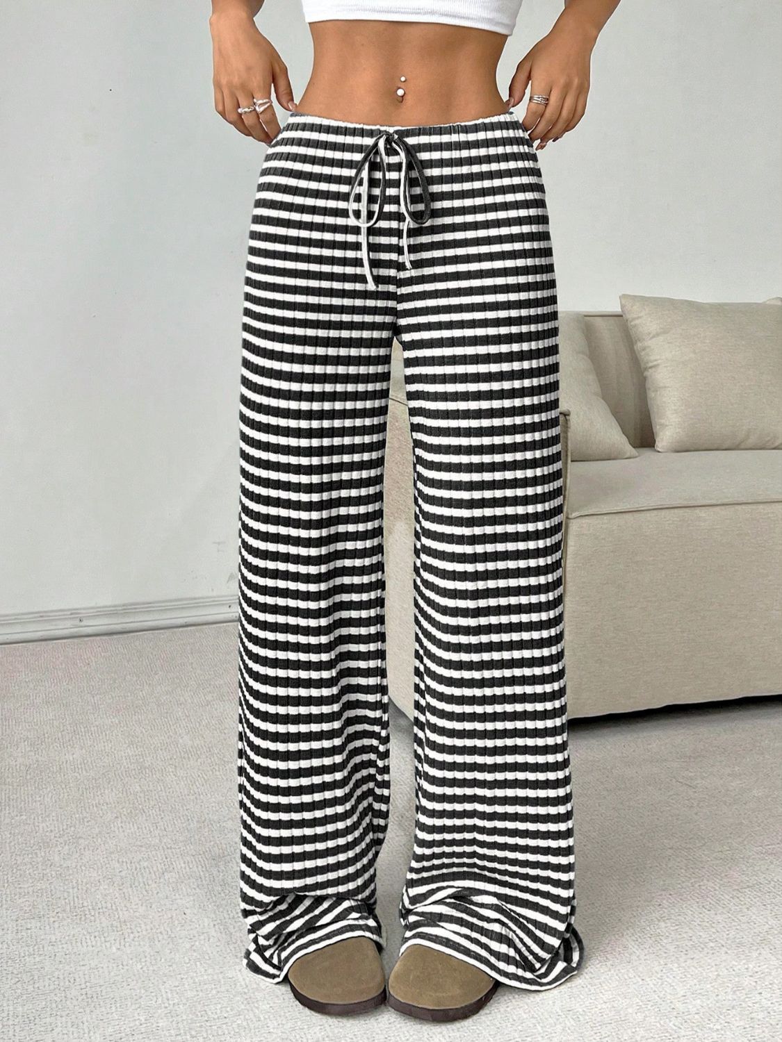 Tied Striped Wide Leg Pants (pink/grey/black/blue/taupe)-SMALL-2XL