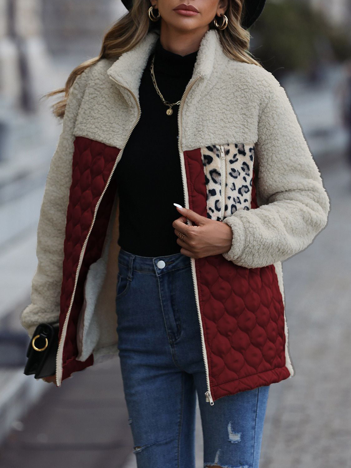 Leopard Color Block Zip-Up Jacket (caramel/green/burgundy/black/gray/orange-red-SMALL-XL