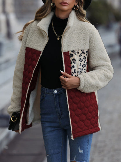 Leopard Color Block Zip-Up Jacket (caramel/green/burgundy/black/gray/orange-red-SMALL-XL