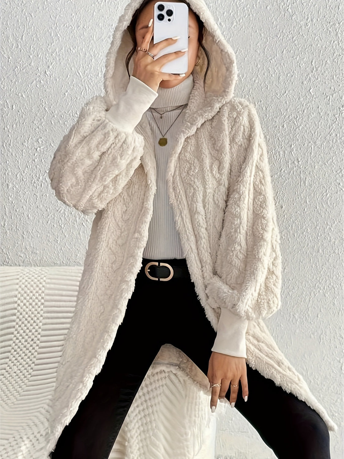 Open Front Long Sleeve Fuzzy Hooded Fur Coat-SMALL-XL