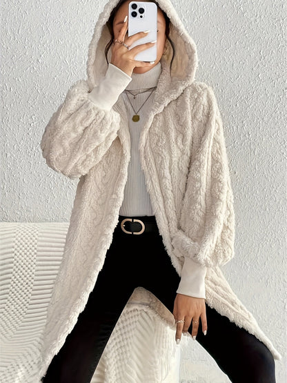 Open Front Long Sleeve Fuzzy Hooded Fur Coat-SMALL-XL