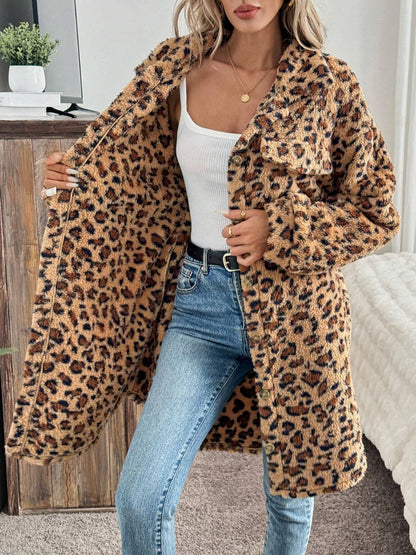 Leopard Furry Button Up Long Sleeve Full Coat-SMALL-XL