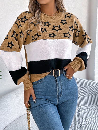 Star Contrast Round Neck Sweater-SMALL-XL