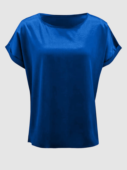 Satin Round Neck Short Sleeve Blouse (black/white/royal blue/lilac/pink/blue/burgundy/green)-SMALL-2XL