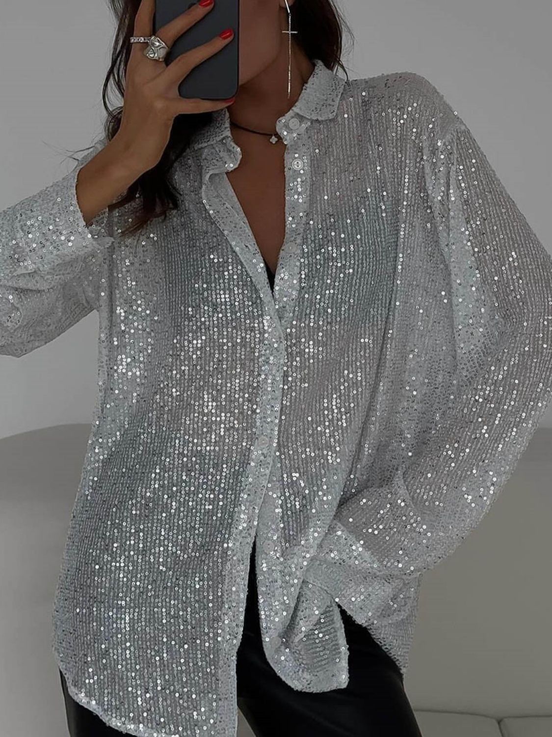 Sequin Button Up Long Sleeve Shirt (black/white/cream)-SMALL-2XL