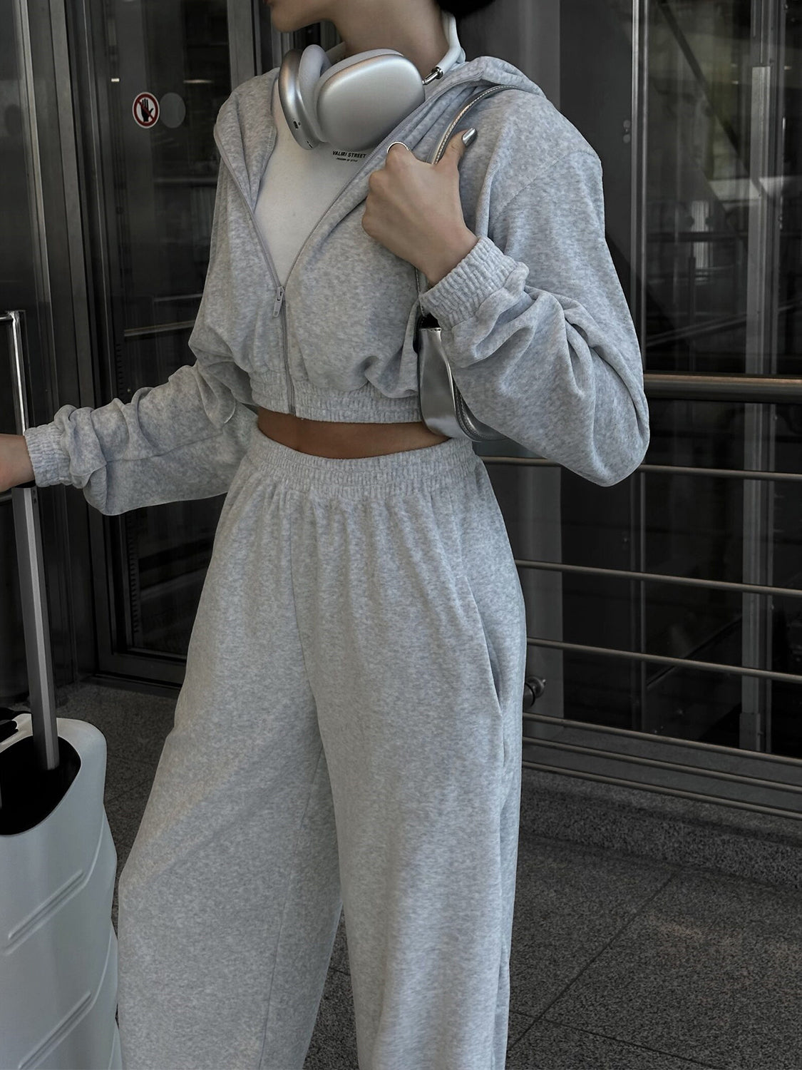 Zip Up Hoodie and Pocketed Pants Set (grey/pink/apricot/black/blue)-SMALL-XL