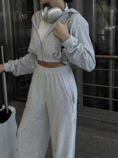 Zip Up Hoodie and Pocketed Pants Set (grey/pink/apricot/black/blue)-SMALL-XL