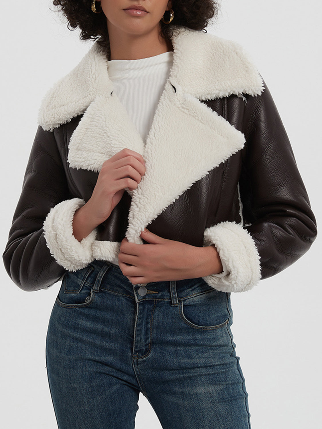 Collared Neck Long Sleeve Plush Cropped Leather Jacket (chocolate & white/black & white/mustard & white/black & reddish brown/brown & reddish brown/coffee brown/burgundy)-SMALL-LARGE