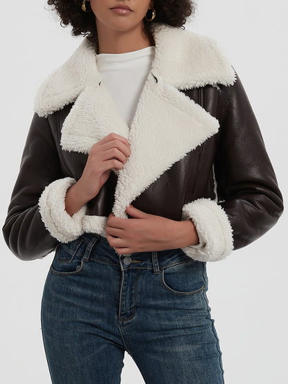 Collared Neck Long Sleeve Plush Cropped Leather Jacket (chocolate & white/black & white/mustard & white/black & reddish brown/brown & reddish brown/coffee brown/burgundy)-SMALL-LARGE