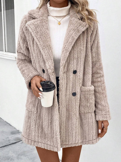 Fuzzy Button Up Long Sleeve Fur Coat with Pockets-SMALL-XL