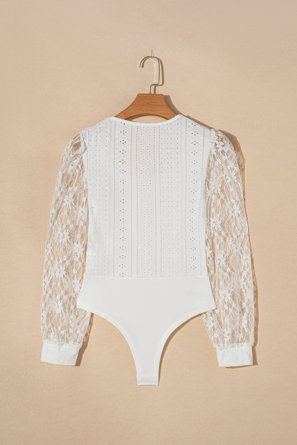 Eyelet Lace Long Sleeve Bodysuit (white/black)-SMALL-XL