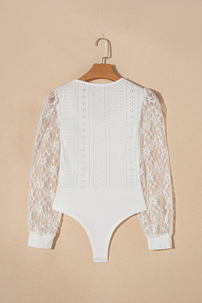 Eyelet Lace Long Sleeve Bodysuit (white/black)-SMALL-XL