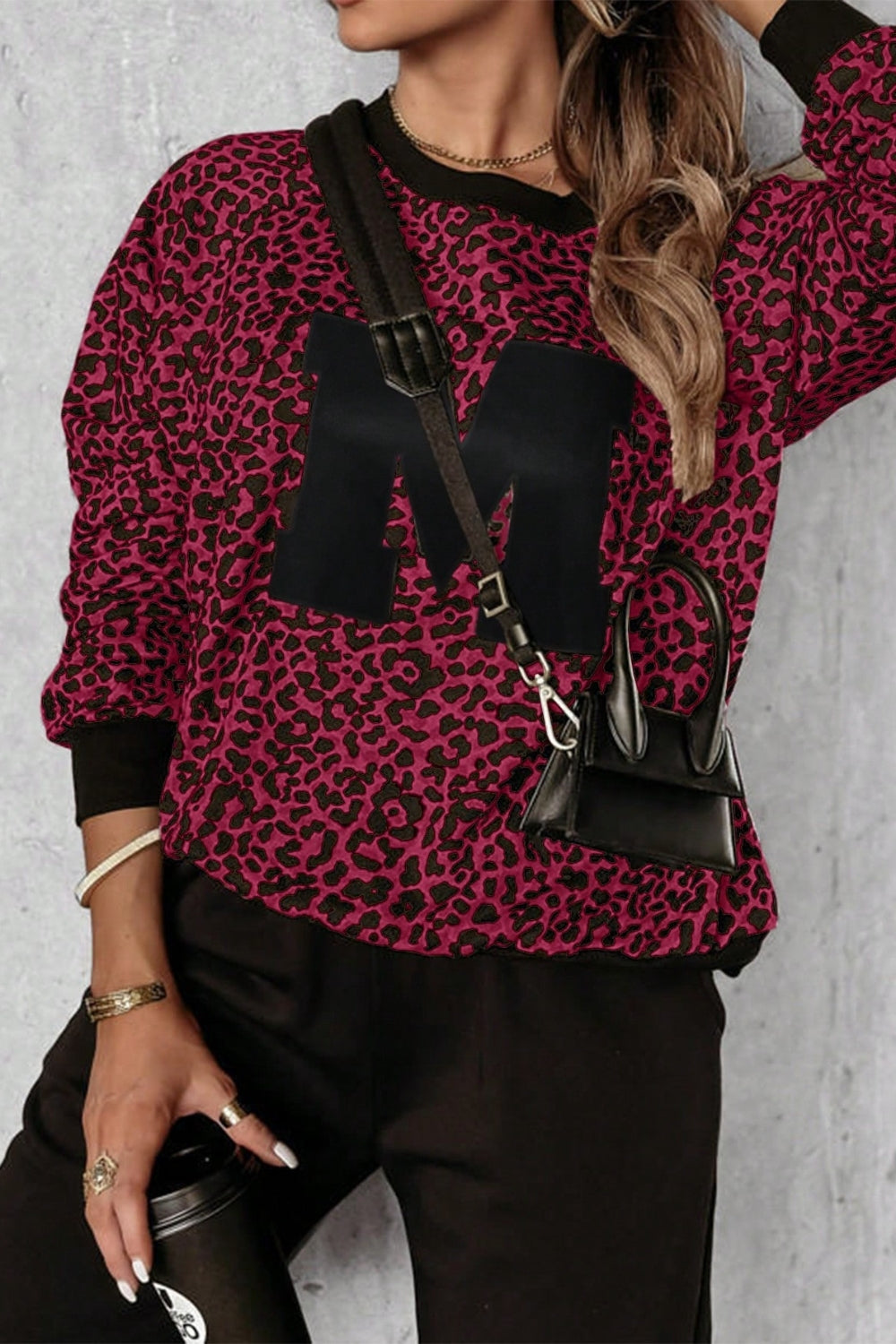 ON SALE::::Letter M Leopard Round Neck Top and Pants Set (white/burgundy/tan)-S-XL