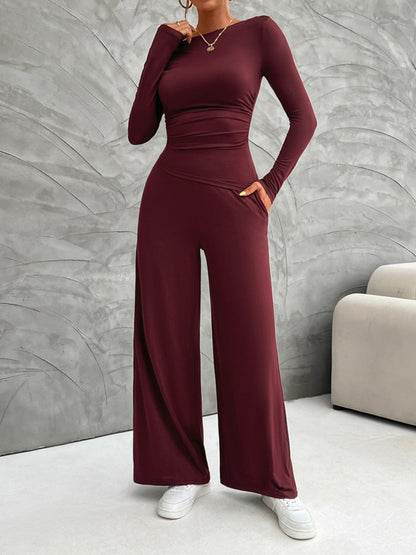 Long Sleeve Top and Wide Leg Pants Set (cream/black/burgundy/gray)-SMALL-XL