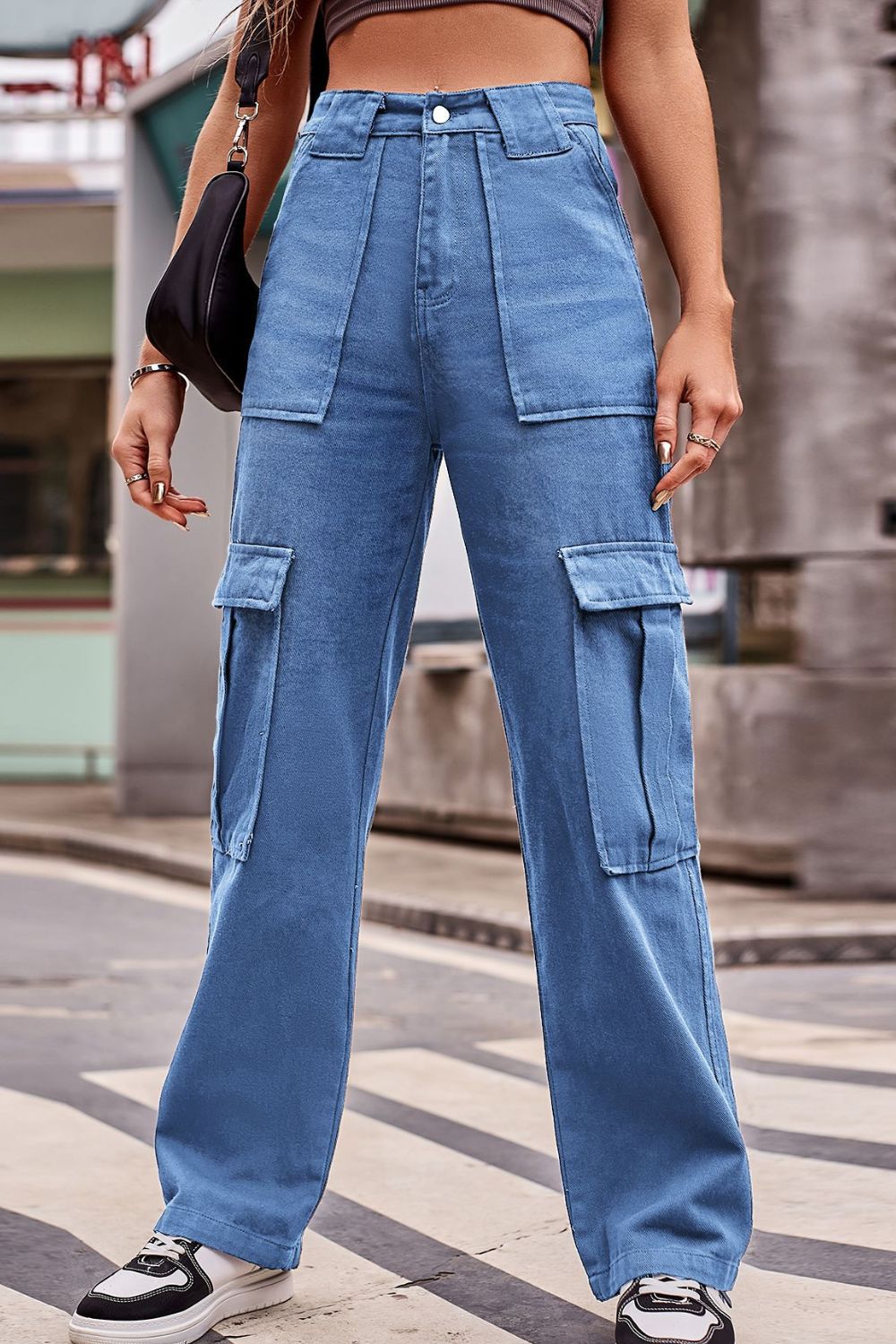 Buttoned High Waist Loose Fit CARGO Jeans-SMALL-2XL (BROWN/BLACK/BLUE)
